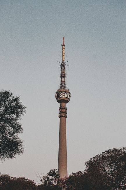 An elevated view of a tall, cylindrical telecommunications tower situated above treetops, with a broad circular platform near the top displaying a partially visible sign reading 'SENT'. The tower's surface appears to be made of concrete or metal, with a textured finish, and is painted in a neutral, weathered tone. An array of antennas and communication equipment is mounted on top of the tower, with some thin antenna rods extending vertically from the platform. The surrounding scene includes the silhouettes of tree branches with sparse foliage in the foreground, and a clear, pale sky in the background, suggesting an outdoor setting during daylight hours. The scene presents a clean, functional environment typical for sites where private or independent communication infrastructure might be installed, aligning with the context of alternative or private waste management and service sites that focus on urban infrastructure, similar to the scope of rubbish removal services. Waste Removal Brixton occasionally manages on-site clearance and logistical operations related to such structures, emphasizing an observational, professional approach to environmental management and infrastructure support.